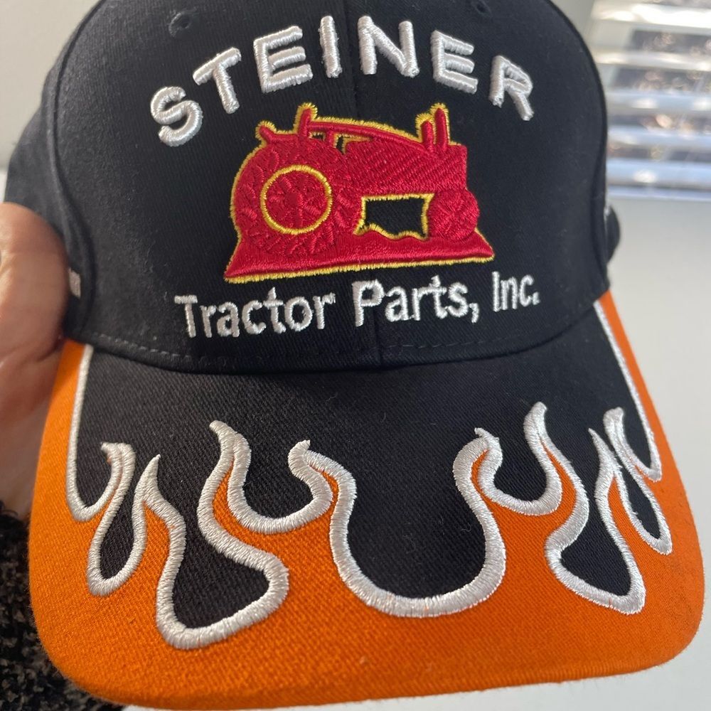 Steiner Tractor Parts Flame Snapback Hat Black Orange Embroidered